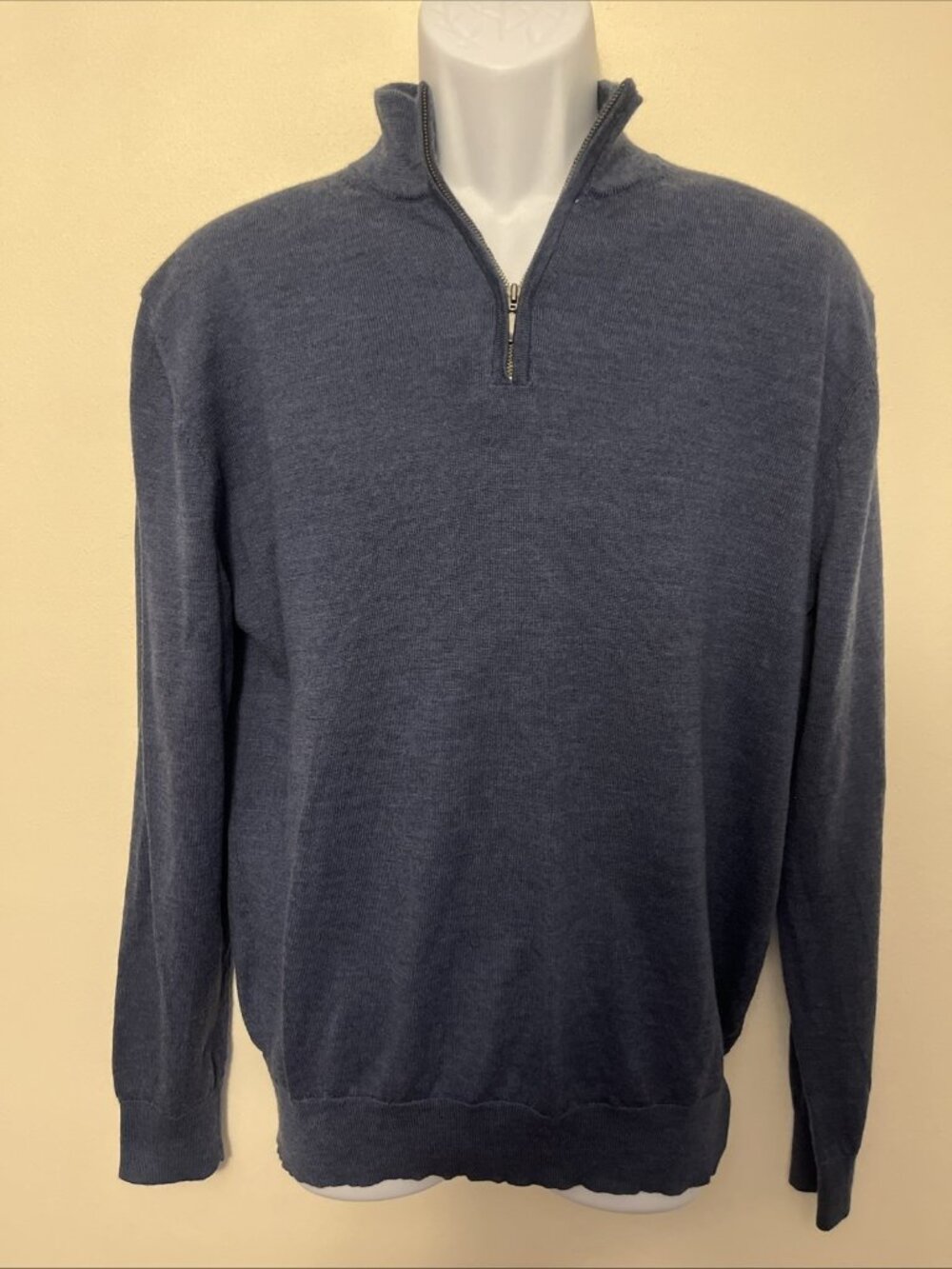 Men Quarter Zip Sweater Merino Wool Navy L Lightweight Breathable Pullover